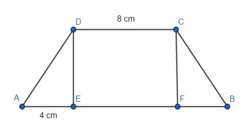 Trapez równoramienny ABCD, którego pole jest równe 72 cm<sup>2</sup>, podzielono na trójkąt AED i trapez EBCD. Odcinek AE ma długość równą 4 cm, a odcinek CD jest od niego 2 razy dłuższy. Oblicz pole trójkąta AED. Zapisz obliczenia. 