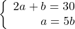 \left\{\begin{array}{rcl}2a+b=30\\a=5b\end{array} \right.