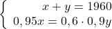 \left\{\begin{array}{rcl}x+y=1960\\0,95x=0,6\cdot0,9y\end{array} \right.