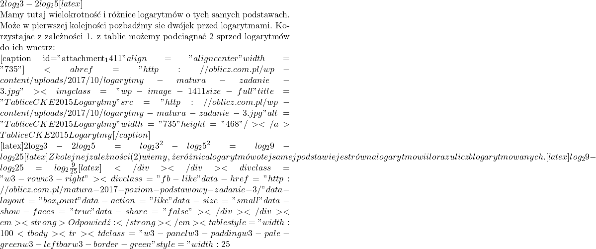 2log_{2}{3}-2log_{2}{5}[latex]  Mamy tutaj wielokrotność i r&oacute;żnicę logarytm&oacute;w o tych samych podstawach.  Może w pierwszej kolejności pozbądźmy się dw&oacute;jek przed logarytmami. Korzystając z zależności 1. z tablic możemy podciągnąć 2 sprzed logarytm&oacute;w do ich wnętrz:  [caption id="attachment_1411" align="aligncenter" width="735"]<a href="http://oblicz.com.pl/wp-content/uploads/2017/10/logarytmy-matura-zadanie-3.jpg"><img class="wp-image-1411 size-full" title="Tablice CKE 2015 Logarytmy" src="http://oblicz.com.pl/wp-content/uploads/2017/10/logarytmy-matura-zadanie-3.jpg" alt="Tablice CKE 2015 Logarytmy" width="735" height="468" /></a> Tablice CKE 2015 Logarytmy[/caption]  [latex]2log_{2}{3}-2log_{2}{5}=log_{2}{3^2}-log_{2}{5^2}=log_{2}{9}-log_{2}{25}[latex] Z kolejnej zależności (2) wiemy, że r&oacute;żnica logarytm&oacute;w o tej samej podstawie jest r&oacute;wna logarytmowi ilorazu liczb logarytmowanych. [latex]log_{2}{9}-log_{2}{25}=log_{2}{\frac{9}{25}}[latex] </div> </div> <div class="w3-row w3-right"> <div class="fb-like" data-href="http://oblicz.com.pl/matura-2017-poziom-podstawowy-zadanie-3/" data-layout="box_count" data-action="like" data-size="small" data-show-faces="true" data-share="false"></div> </div> <em><strong>Odpowiedź:</strong></em> <table style="width: 100%;"> <tbody> <tr> <td class="w3-panel w3-padding w3-pale-green w3-leftbar w3-border-green" style="width: 25%;"><strong>A.</strong> [latex]log_{2}\frac{9}{25}