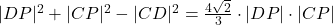 |DP|^2+|CP|^2-|CD|^2=\frac{4\sqrt{2}}{3}\cdot|DP|\cdot|CP|
