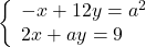   \left\{ \begin{array}{ll}-x+12y=a^2 \\2x+ay=9\end{array} \right.  
