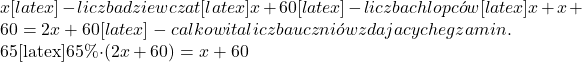 x[latex] - liczba dziewcząt[latex]x+60[latex] - liczba chłopc&oacute;w[latex]x+x+60=2x+60[latex] - całkowita liczba uczni&oacute;w zdających egzamin.   65% z całkowitej liczby egzaminowanych to chłopcy. Otrzymujemy: [latex]65\%\cdot(2x+60)=x+60