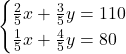 \begin{cases} \frac{2}{5}x+\frac{3}{5}y=110 \\ \frac{1}{5}x+\frac{4}{5}y=80 \end{cases}