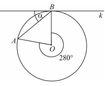 Na rysunku przedstawiono okrąg o środku O oraz kąt środkowy o mierze 280°