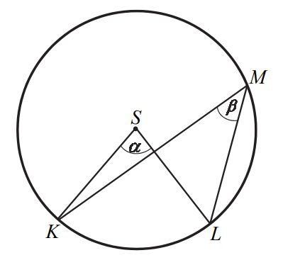 Dany jest okrąg o środku S. Punkty K, L i M leżą na tym okręgu