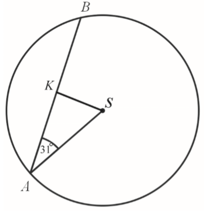 zadanie 13 matura poziom podstawowy 2013, W okręgu o środku w punkcie S poprowadzono cięciwę AB, która utworzyła z promieniem AS kąt o mierze 31° (zobacz rysunek). Promień tego okręgu ma długość 10. 